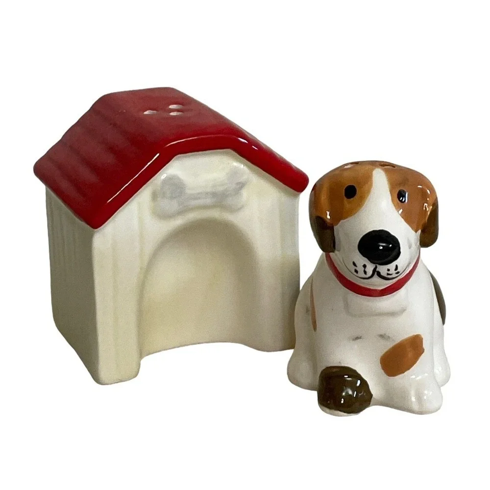 Dog and Doghouse Salt and Pepper Shaker Set Ceramic Brown White Red